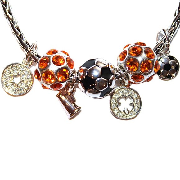 DaVinci Charm Bracelet 7.75" w/ 7 Beads - Soccer Ball Sport Star Cheer Orange CZ - Picture 1 of 3